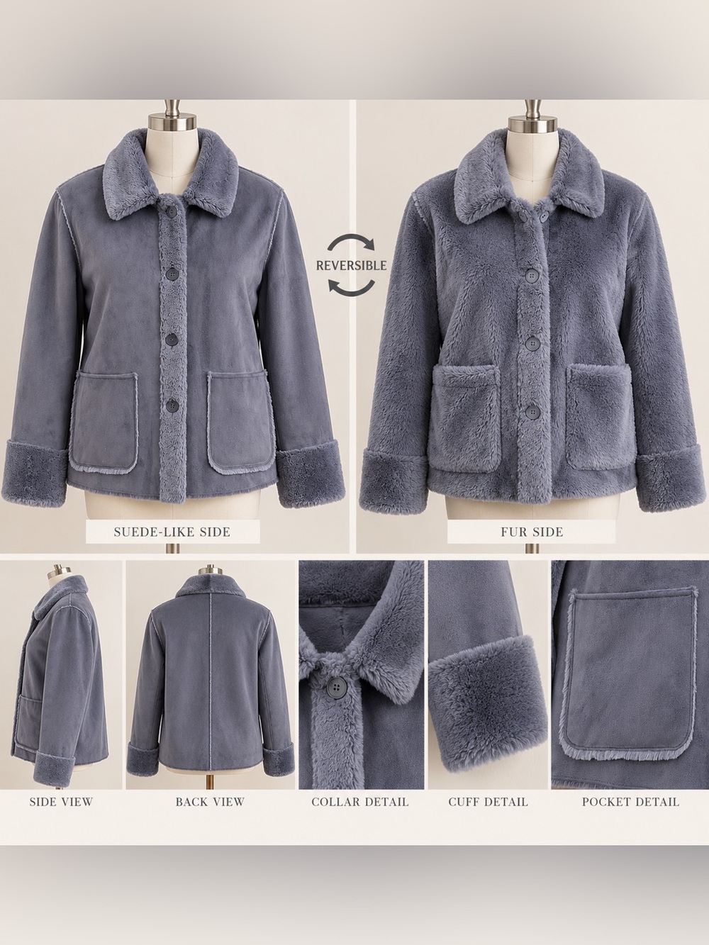 Brandon Thomas Reversible Faux Suede Faux Fur Jacket Blue Gray L